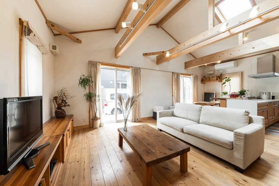 Salon dans une maison avec bois impressionnant et lucarnes