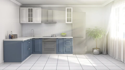 Cuisine moderne en L avec façades bicolores bleu-gris en bas et blanc en haut