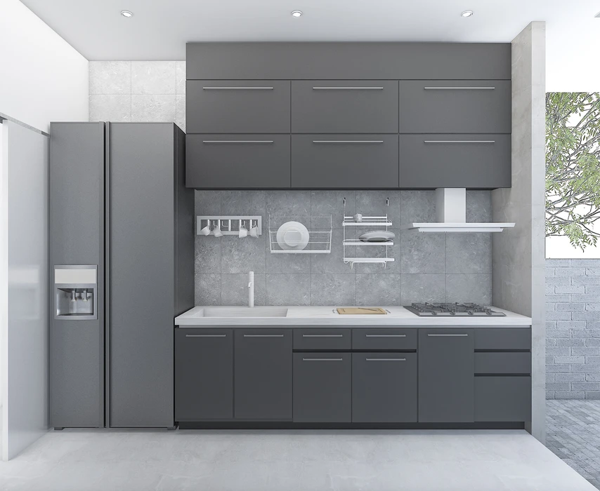 Cuisine moderne intégrée avec électroménager et plan de travail blanc