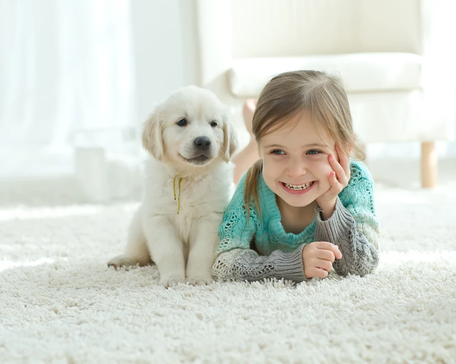 Bébé souriant assis sur tapis beige moelleux, vêtu d'un body blanc à manches courtes et coiffé d'un bonnet en tricot blanc avec pompons